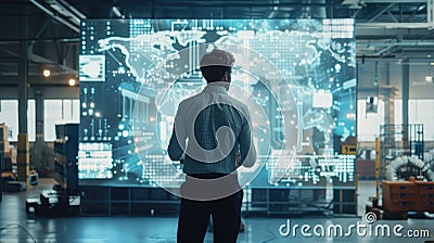 Engineer standing in front of a large digital display screen and using a digital tablet to manage global logistics with Stock Photo