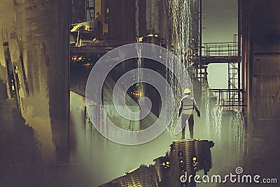 Engineer standing on a platform looking at futuristic dam Cartoon Illustration