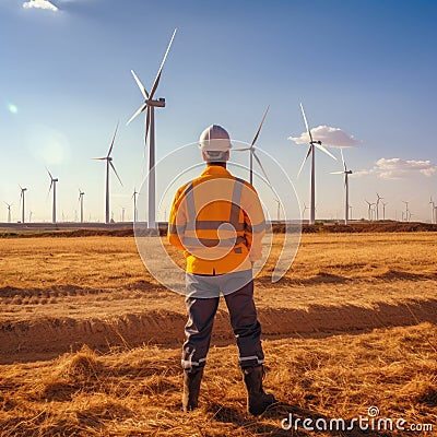 Engineer standing at the wind turbine plant. Stock Photo