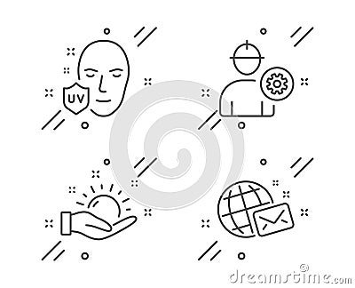 Engineer, Sunny weather and Uv protection icons set. World mail sign. Vector Vector Illustration