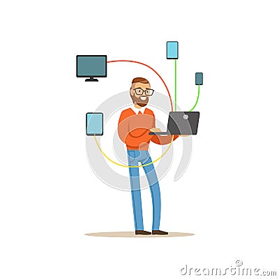 Engineer system IT administrator servicing the computer system, networking service vector illustration Vector Illustration