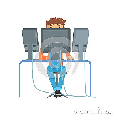 Engineer system IT administrator at work, networking service cartoon vector illustration Vector Illustration