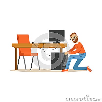 Engineer system IT administrator at work, networking service vector illustration Vector Illustration