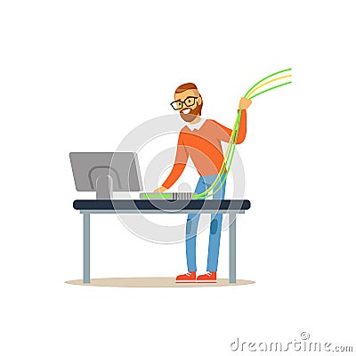 Engineer system IT administrator working with a computer, networking service vector illustration Vector Illustration