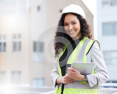 Engineer, tablet and portrait of a woman outdoor for construction, development or planning. Happy technician person with Stock Photo