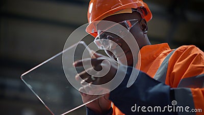 Engineer tapping transparent tablet at modern facility closeup. Hightech concept Stock Photo