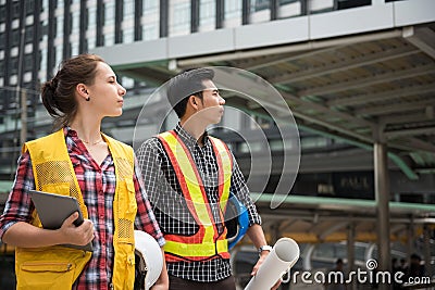 Engineer team look at construction site Stock Photo