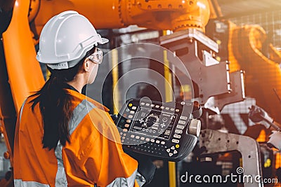 Engineer team service robot welding working in automation factory. Woman worker operate robotic arm software hand controller in Stock Photo