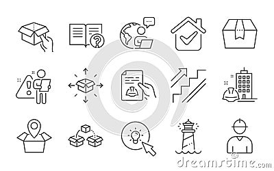 Engineer, Technical documentation and Hold box icons set. Help, Package box and Stairs signs. Vector Vector Illustration