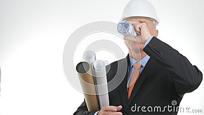 Engineer with Technical Plans and Building Projects Drinking Fresh Water Stock Photo