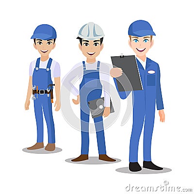 Engineer , technician, builders and mechanics people teamwork cartoon character vector illustration Vector Illustration