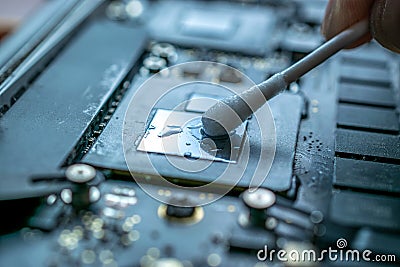 Engineer technician man upgrade and maintenance digital pc. Solutions services electronic hardware. Technology chip Stock Photo