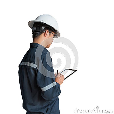 Engineer or Technician in white helmet, glasses and blue working Stock Photo