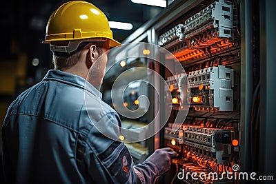 Engineer troubleshooting a power outage at an electrical substation, wearing protective gear. AI Generated Stock Photo
