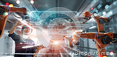 Engineer use laptop of checking. Install software and maintenance a robotics automatic arms on modern interface in industrial Stock Photo