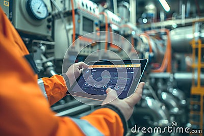An engineer uses a tablet to control smart factory automation software. Generative AI Stock Photo