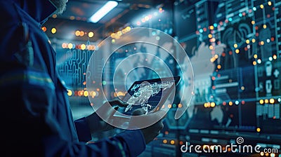 Engineer using digital tablet with holographic world map projection in high-tech control center, Technological Stock Photo