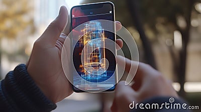 Engineer using smartphone to visualize 3d model of machine part Stock Photo