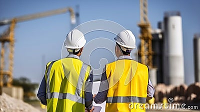 Engineer with Vests Confer Near the Construction Site, Igniting Project Progress. Generative AI Stock Photo