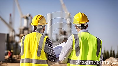Engineer with Vests Confer Near the Construction Site, Igniting Project Progress. Generative AI Stock Photo