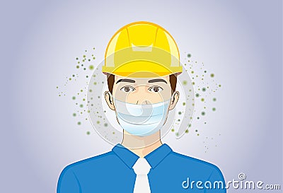 Engineer wearing breath mask and Safety Helmet when she working. Vector Illustration
