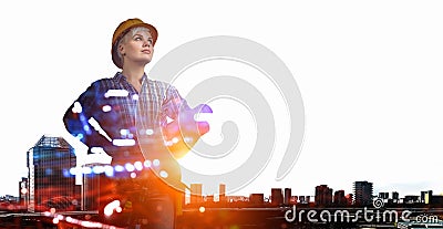 Engineer woman and cityscape. Mixed media Stock Photo