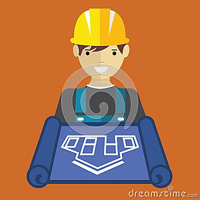 Engineer worker with blueprint Vector Illustration