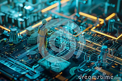 Engineer working on holographic projection to optimize factory production. Stock Photo
