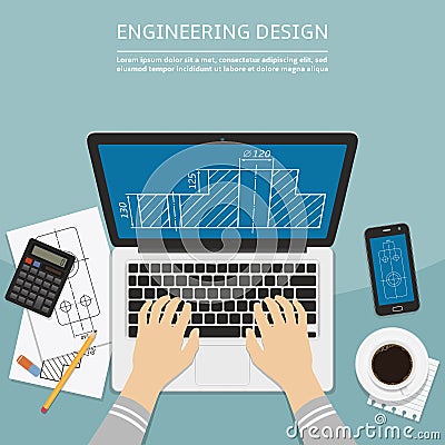 Engineer working on laptop computer with blueprint on screen Vector Illustration