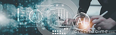Engineer working on a laptop, utilizing advanced AI technology for data processing. Concept of AI-driven tech control, showcasing Stock Photo