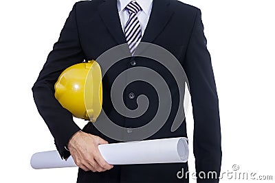 Engineer with yellow helmet and paper plan Stock Photo