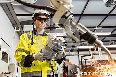 Engineer young man university student learn to control operate industry robot welding arm in robotics engineers lab classroom in Stock Photo