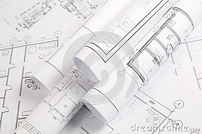 Engineering house drawings and blueprints. Stock Photo