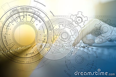 Engineering background with gears draft on virtual screen. Business innovation and modern technology concept. Stock Photo