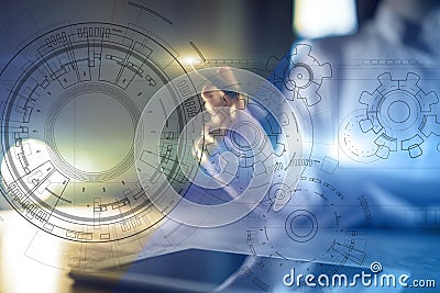 Engineering background with gears draft on virtual screen. Business innovation and modern technology concept. Stock Photo