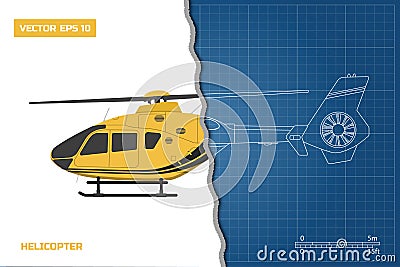 Engineering blueprint of helicopter. Helicopters view: side. Industrial drawing Vector Illustration
