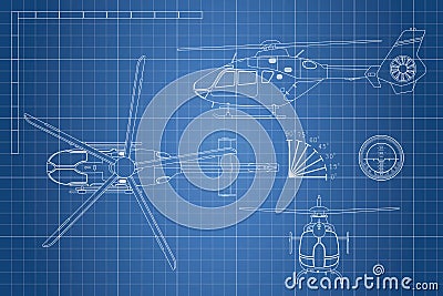 Engineering blueprint of helicopter. Helicopters view: top, side and front. Industrial drawing Vector Illustration
