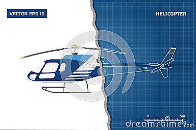 Engineering blueprint of helicopter. Helicopters view: top, side and front. Industrial drawing Vector Illustration