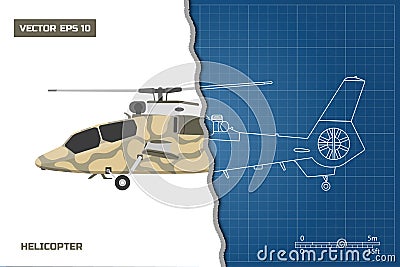 Engineering blueprint of military helicopter. Helicopters view: top, side and front. Industrial drawing Vector Illustration