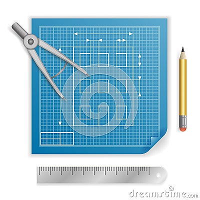 Engineering blueprint pencil ruler compass divider planning icon background design illustration Vector Illustration