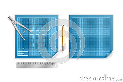 Engineering blueprint pencil ruler compass divider planning icon design background illustration Vector Illustration