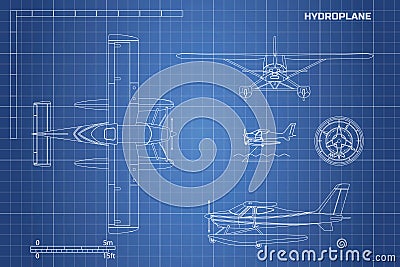 Engineering blueprint of plane. Hydroplane view: top, side and front. Industrial drawing of aircraft Vector Illustration