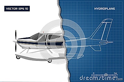 Engineering blueprint of plane. Side view of hydroplane. Industrial drawing of aircraft Vector Illustration