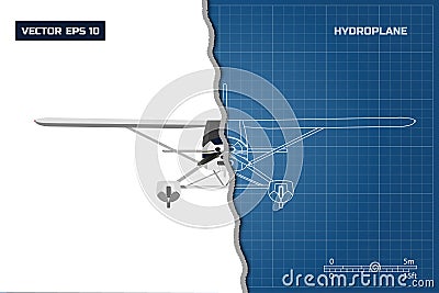 Engineering blueprint of plane. Top view of hydroplane. Industrial drawing of aircraft Vector Illustration