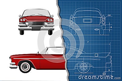 Engineering blueprint of retro car. Vintage cabriolet. Front, side and back view. Industrial drawing Vector Illustration