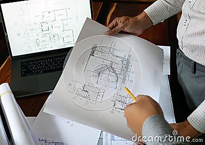 Engineering, consulting, design, construction, with colleagues, plan design, details, industrial drawing and many drawing tools Stock Photo