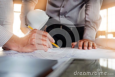 Engineering, consulting, design, construction, with colleagues, plan design, details, industrial drawing and many drawing tools Stock Photo