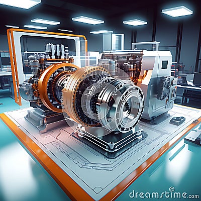 engineering designer designing in 3D CAD software program - industrial engine model, mechanical dimensional precision Stock Photo