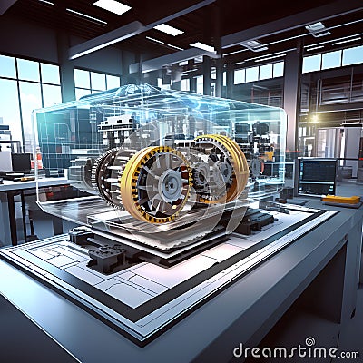 engineering designer designing in 3D CAD software program - industrial engine model, mechanical dimensional precision Stock Photo