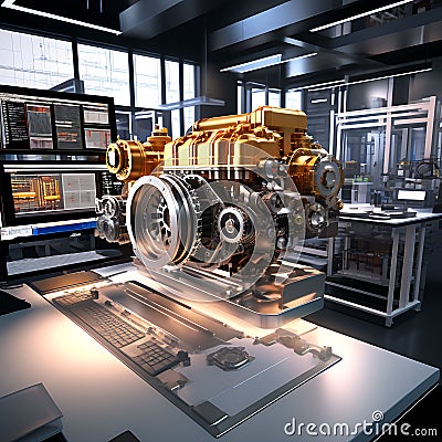 engineering designer designing in 3D CAD software program - industrial engine model, mechanical dimensional precision Stock Photo